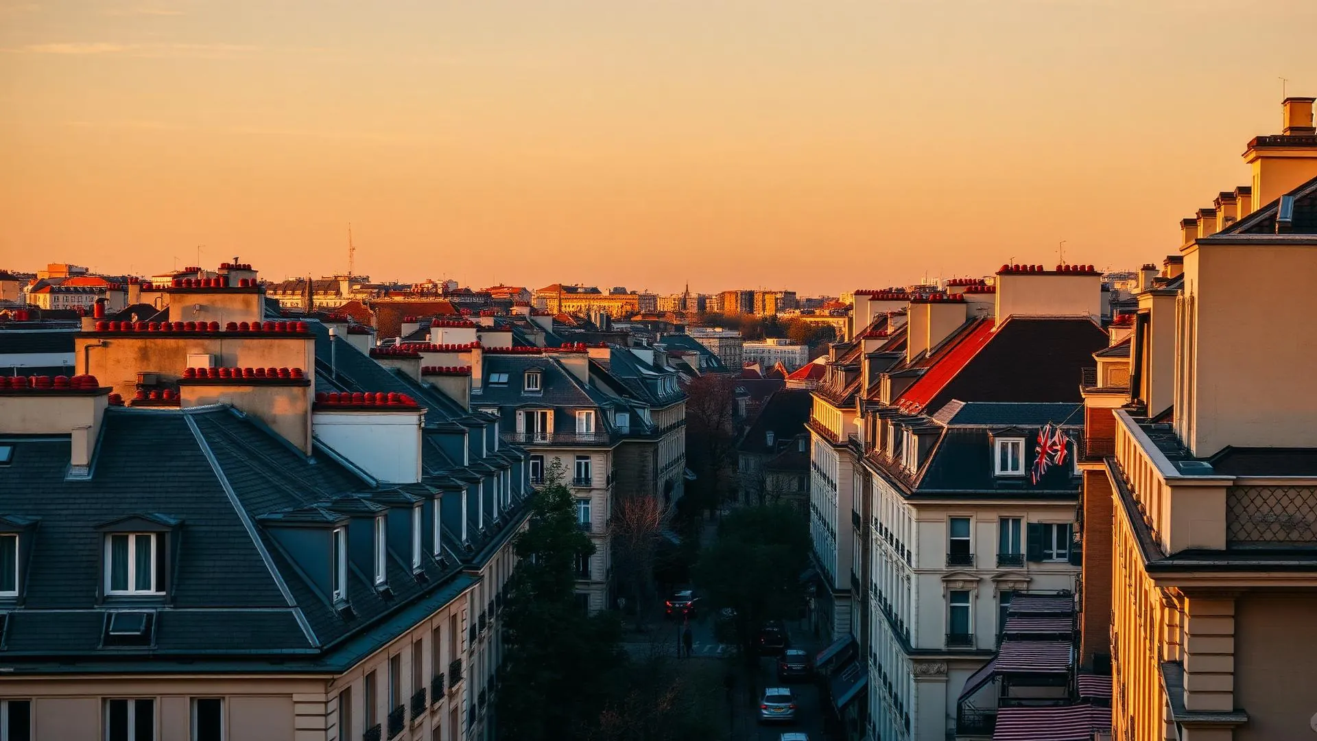 Tejados y avenidas de una ciudad europea al atardecer